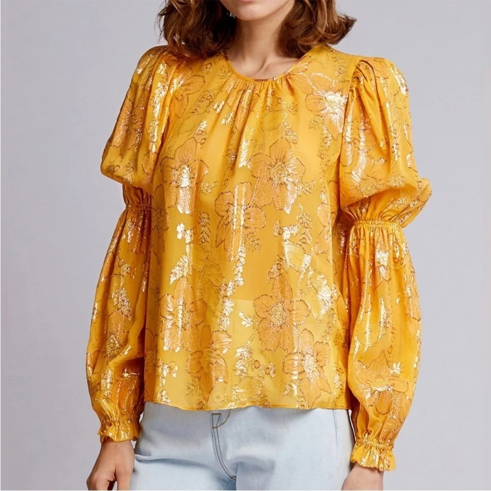 Ulla Johnson Aster Metallic Floral Blouse in Gold Orange Citrine Sz 2